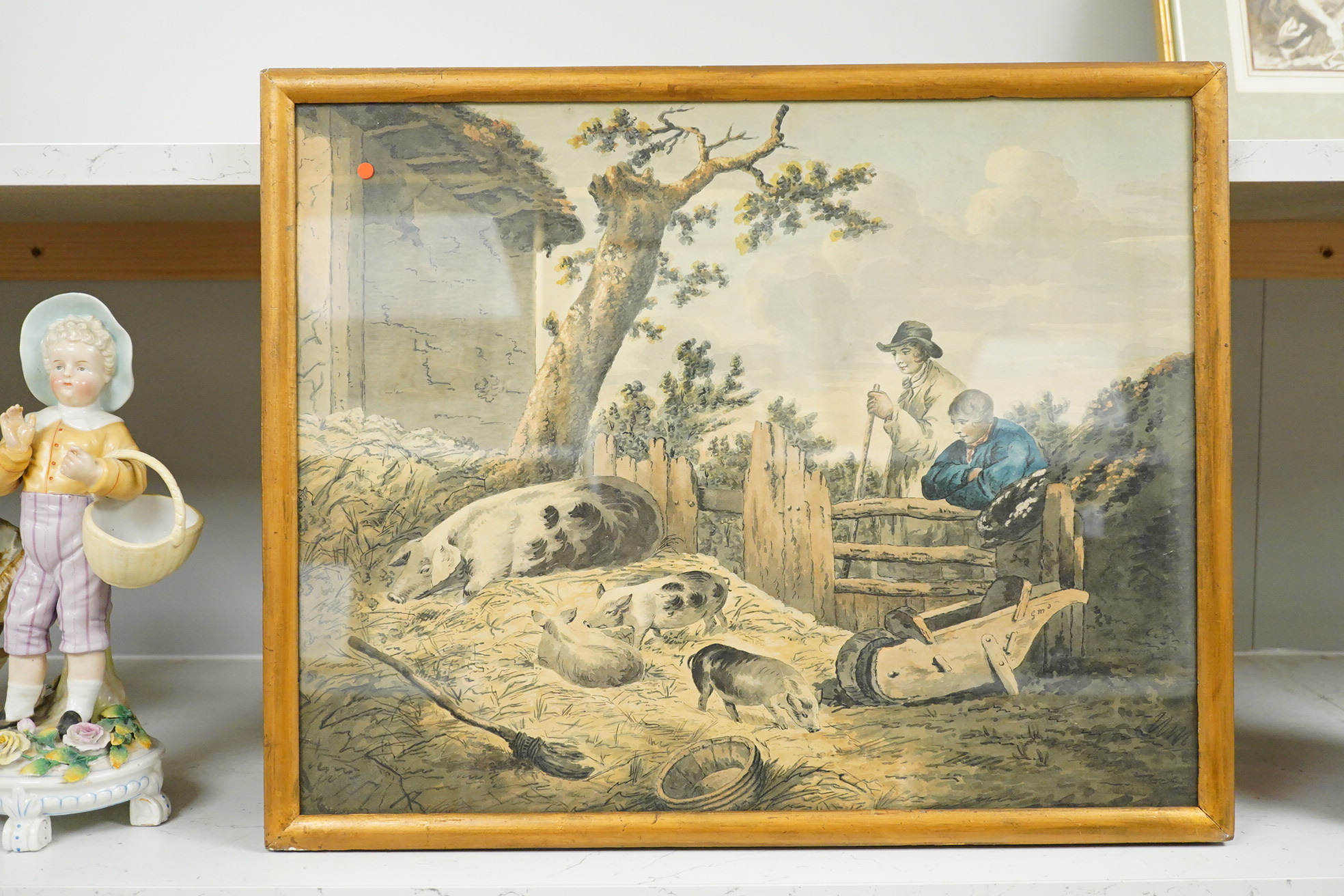 Early 19th century, English School, Angler fishing, Figure seated in woodland and Figures beside a pig sty, set of three watercolours, each 37 x 46cm